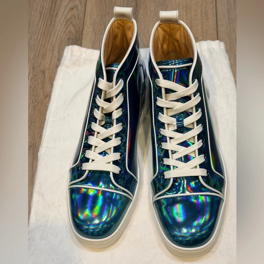 $995 CHRISTIAN LOUBOUTIN Patent Leather Blue Psychic Fun Hi Top Sneakers 41 EU 8 - Picture 6 of 11